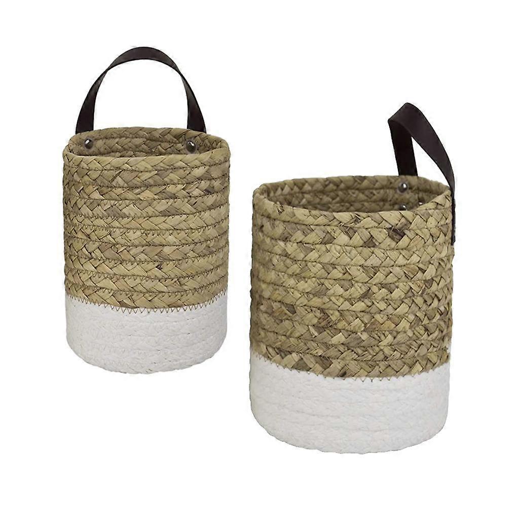 2x Woven Straw Basket with Handle Hanging Planter Baskets