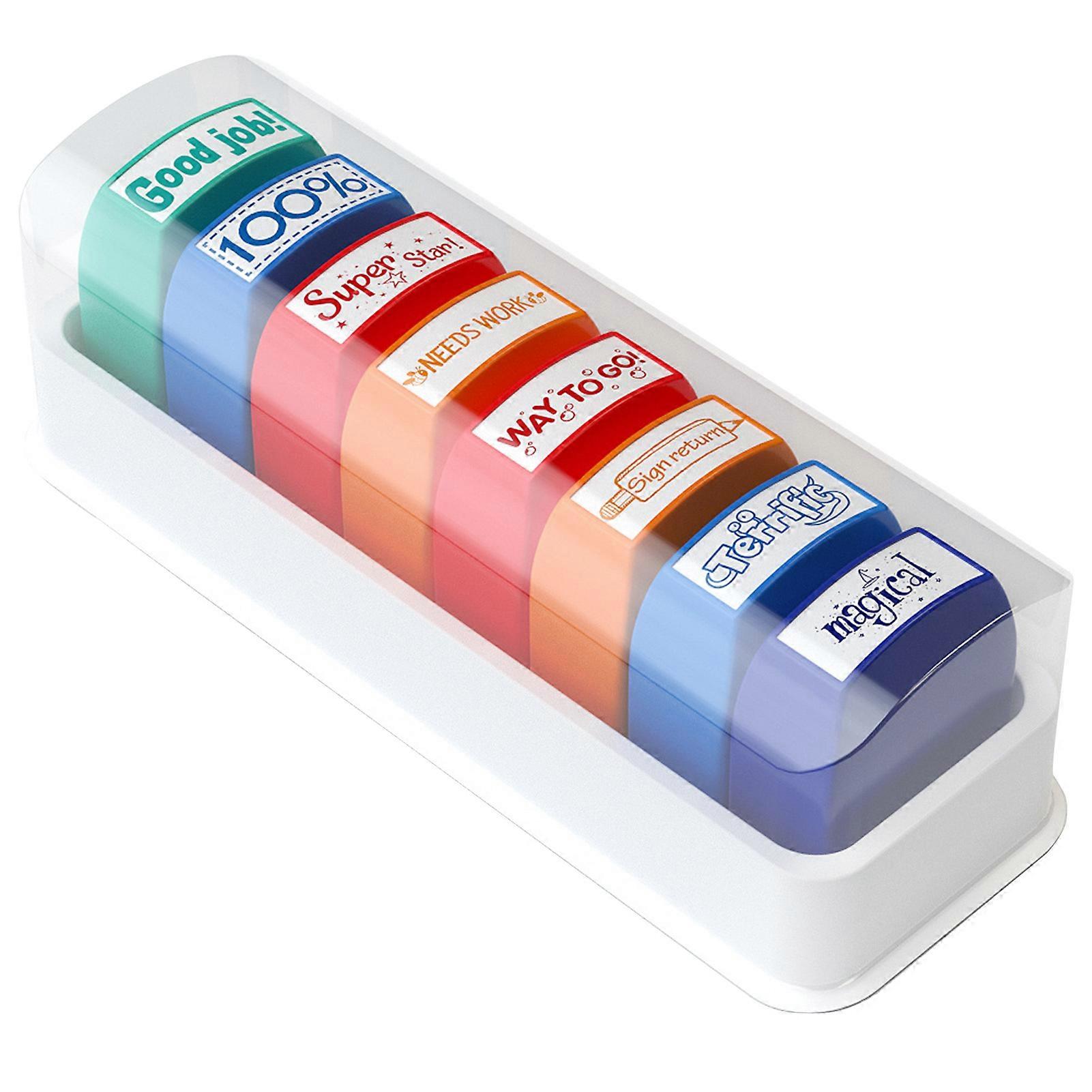 Rectangular Teacher Stamps Vibrant Colors Cute Stamps with Storage Tray