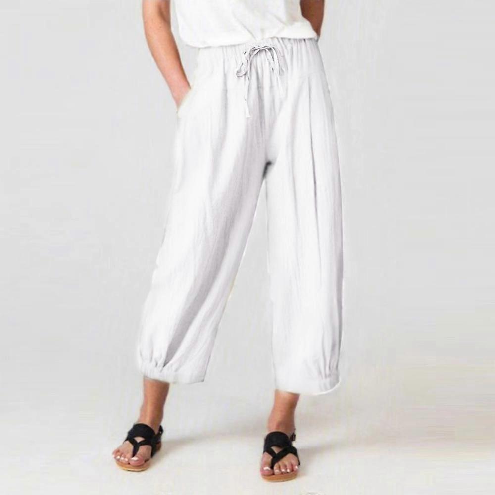 Summer Women's Pants Cotton Linen Drawstring Nine-point Pants Pocket Casual Pants Ladies Loose Wide Leg Pants