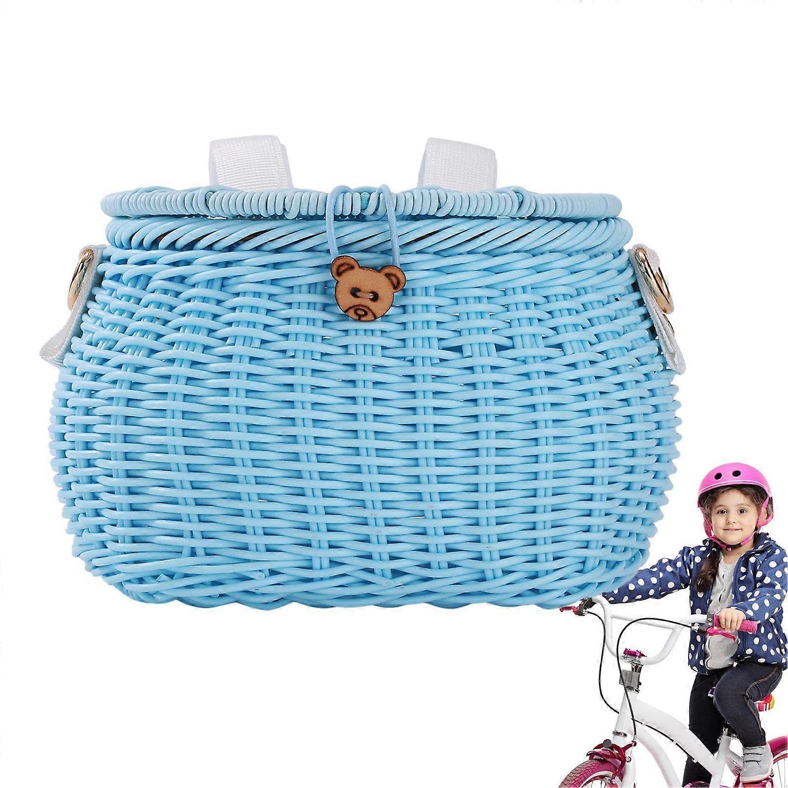 Children's Rattan Wicker Bicycle Basket with Lid - 2-in-1 Light Blue Wicker Backpack and Front Basket with Adjustable Strap