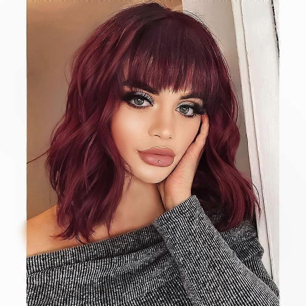2025 Latest Model Curly Bob Wig with Bangs Short Wavy Wine Red Color Wigs for