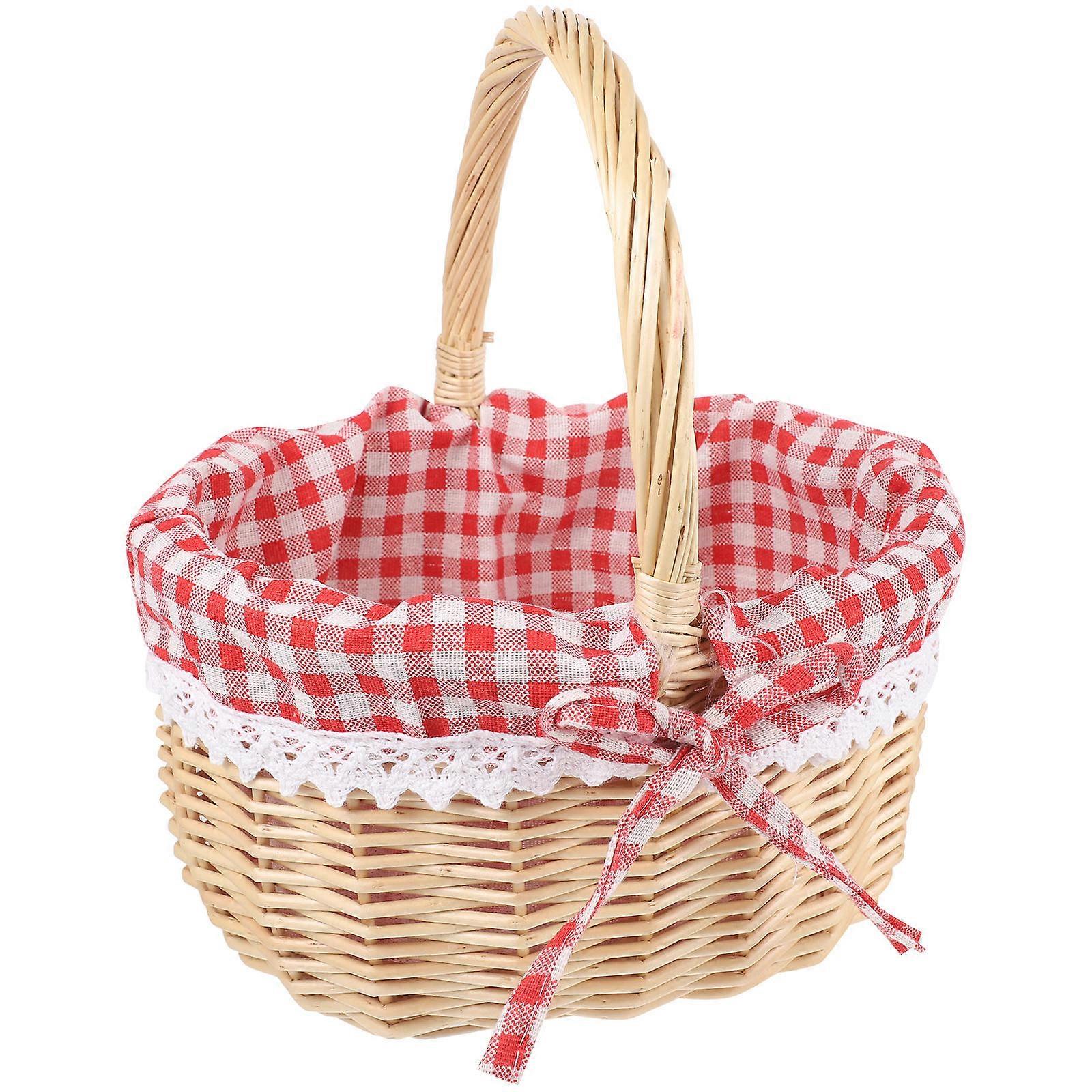 Table Organizer Basket Hand Woven Picnic Bag Wicker for Dinner Rolls Holding Red Plaid Linen 1Pack