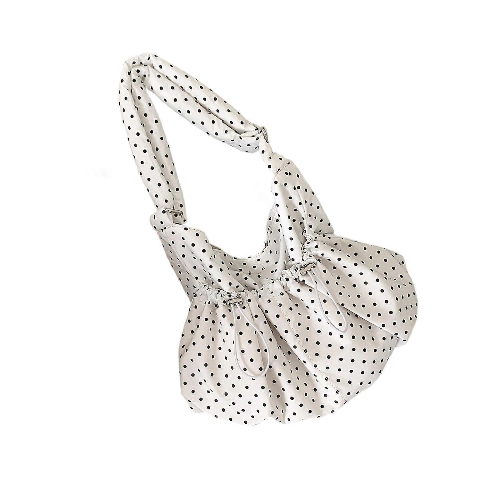 Practical Ruffled Shoulder Bag Dot Pattern Adjustable Strap Spacious Interior Crossbody Purse for Women  White