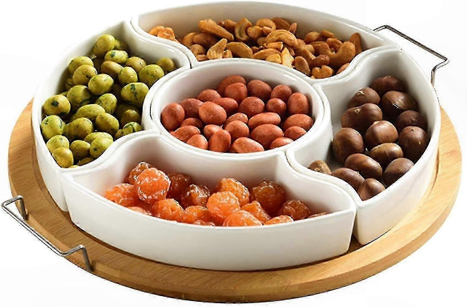 Bamboo Platter with 6 Removable Ceramic Bowls for Snacks, Dips, Fruits, and More