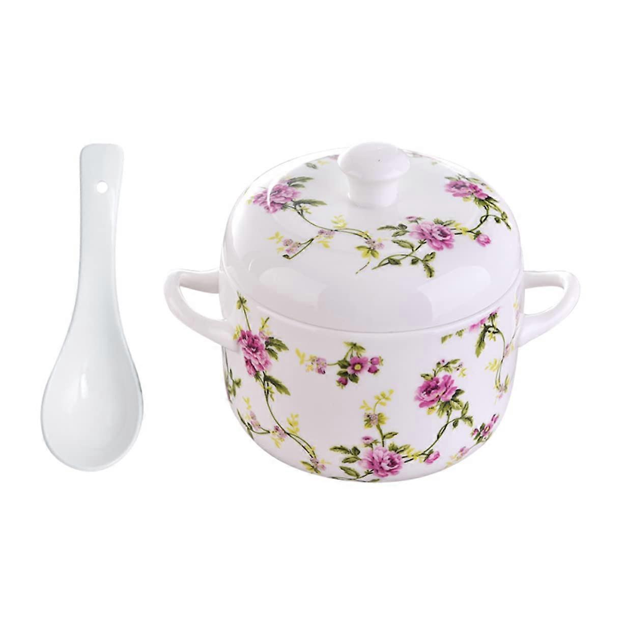 Stew Pot Set Japanese Soup Bowls with Handles and Lid, Ceramic Soup Bowl with Spoon, Serving Bowl for Steaming Soup