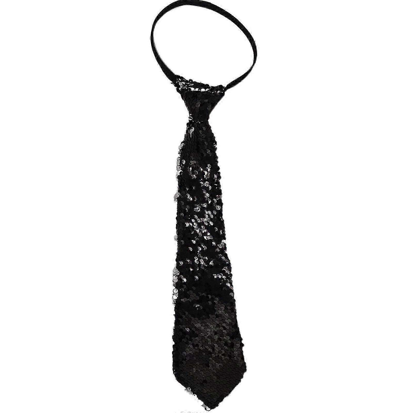 Unisex Pre-Tied Necktie with Adjusted Zippered Sparkly Reversible Sequins Neck Tie for Weddings Graduation Party Costume Silver