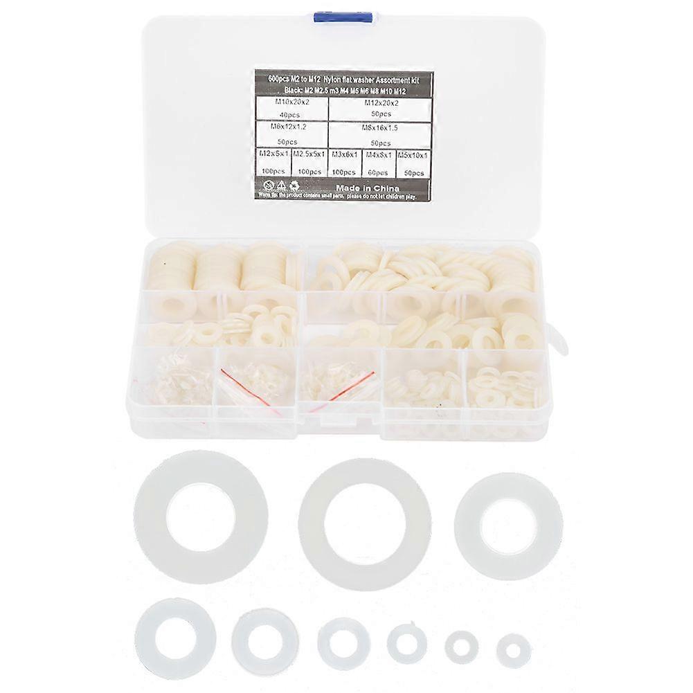 600Pcs Flat Washer 9 Sizes White Nylon Gasket Assortment Kit Fastener Hardware Tools M2-M12