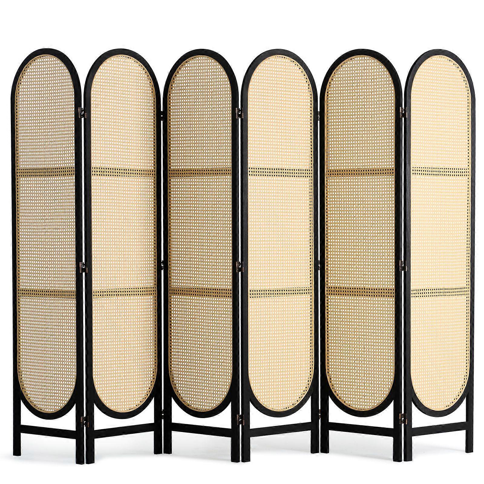 Divisor de Quarto de 6 Painéis, Telas de Privacidade Dobráveis em Rattan Tecido à Mão com Dobradiças, Divisor de Parede de Madeira Independente, Marrom