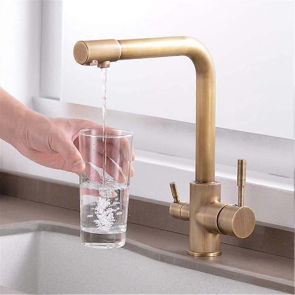 Antique Brass Kitchen Faucets Drinking Water Filter Faucets 360 Swivel Deck Mounted Dual Handle 3Way Retro Style