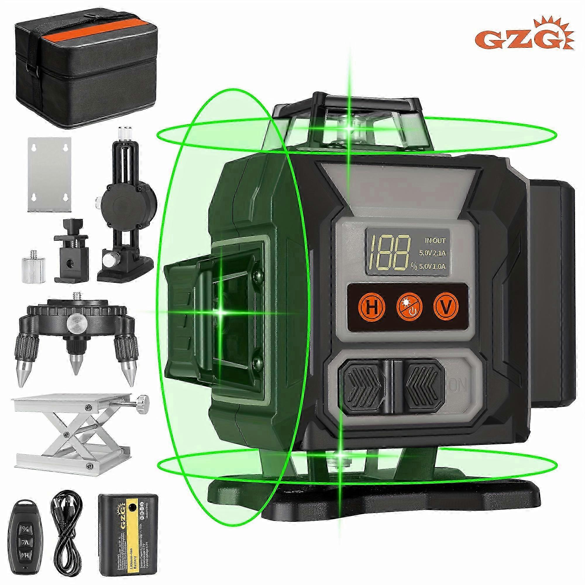 GZG Professional 4D Laser Level Kit - 16 Lines, Self-Leveling, Green Beam with LCD Display & Remote Control for Construction 25-26