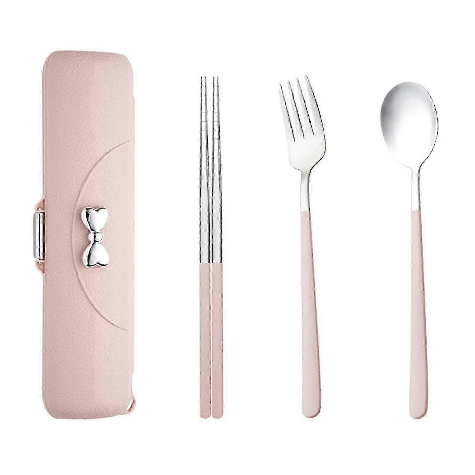 Stainless Steel Camping Tableware Set Portable Forks Chopsticks Spoon Set with Bowknot Case Suitable for Travel Backyard Barbecue