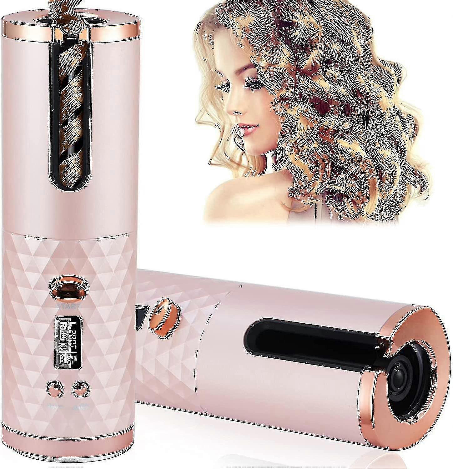 Wireless Automatic Hair Curling Tool Portable Cordless Curler Iron Wand With Lcd-colorpink