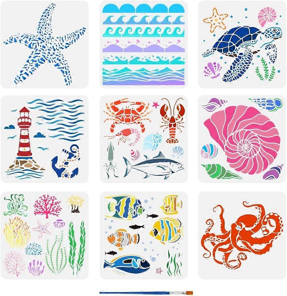 9 Pcs Summer Ocean Painting Stencil with Brush 11.8x11.8inch Sea Waves Drawing Template Fish Shells Lighthouse Turtle Octopus Corals Stencil for Paint