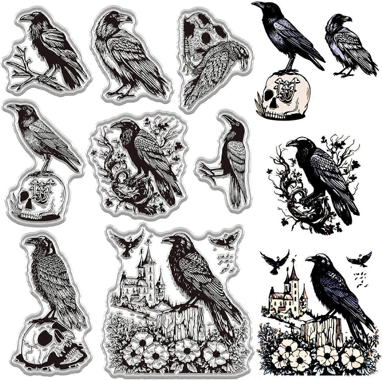 Raven Crow Clear Stamp for Card Making Bird Bone Gothic Rubber Silicone Reusable Transparent Seal for Envelope Journaling DIY Scrapbooking Embossing A