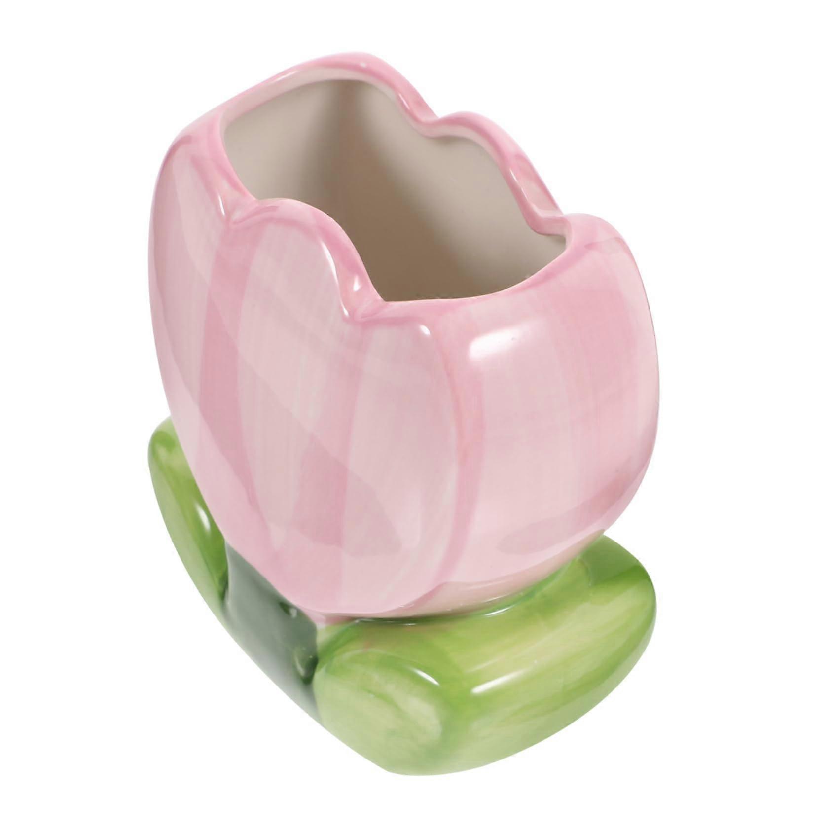 Makeup Brush Holder Ceramic Tulip Shape Desk Organizer Cup with Generous Storage Capacity