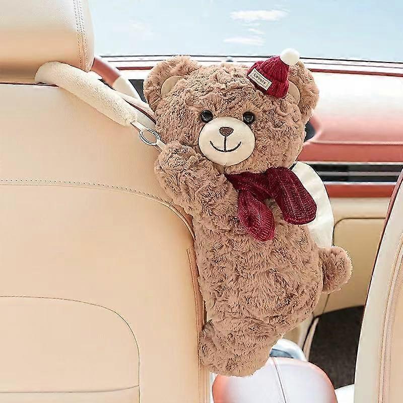 Plush Tissue Holder with Adorable 3D Bear Design, Hanging Car Tissue Dispenser for Headrest Brown