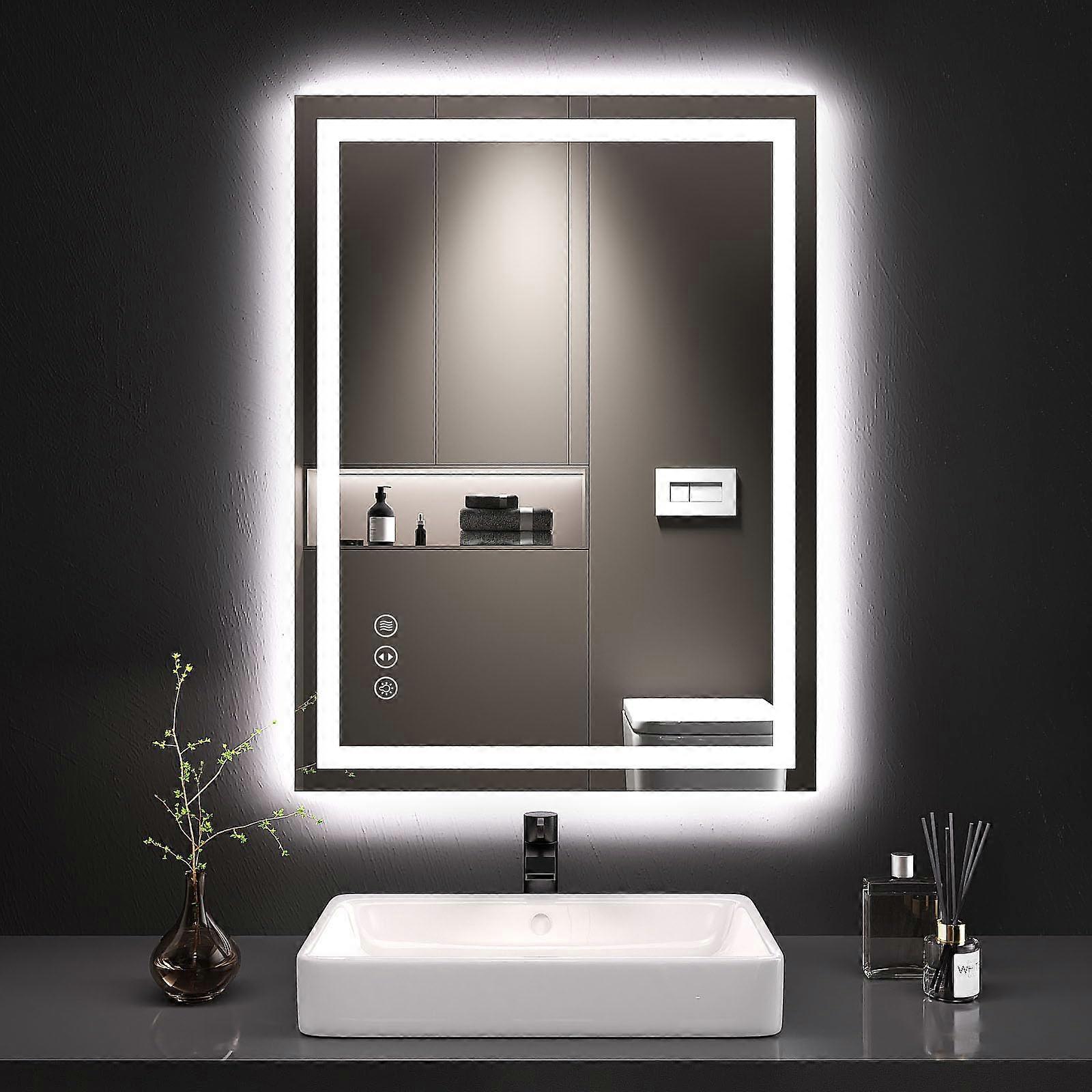 24x32 LED Bathroom Mirror with Double Lighting, AntiFog, Dimmable 3 Colors, WallMounted ShatterProof Glass