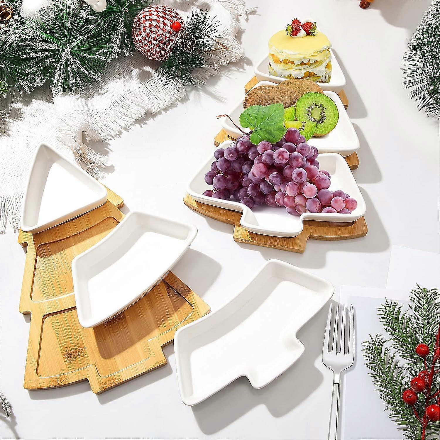 Christmas Tree Serving Platter Set with Removable Ceramic Plates and Bamboo Tray for Holiday Snacks