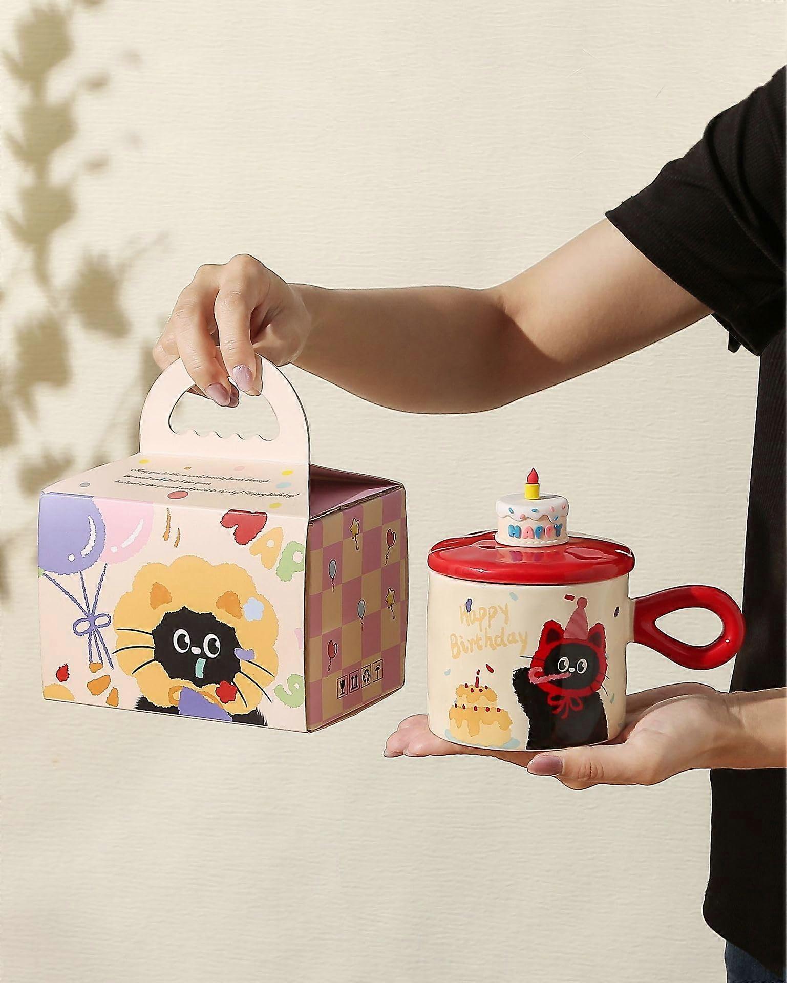 380ml Cute Cat Ceramic Coffee Mug with GiftReady Packaging, Birthday Gift Tea Cup Red