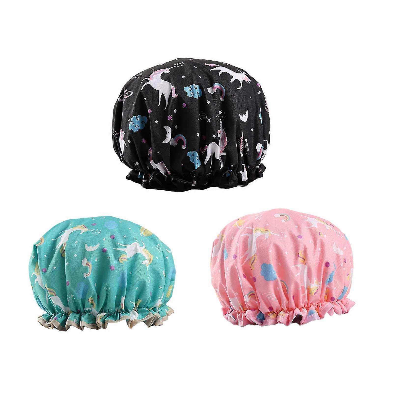 3Pack Reusable Waterproof Shower Caps for Women, Double Layer Deep Coverage, Black Blue Pink