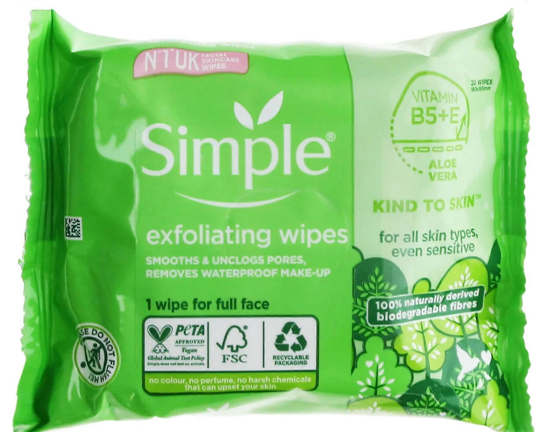Simple Facial Biodegradable Exfoliating Wipes for all Skin Types - 20 Pack