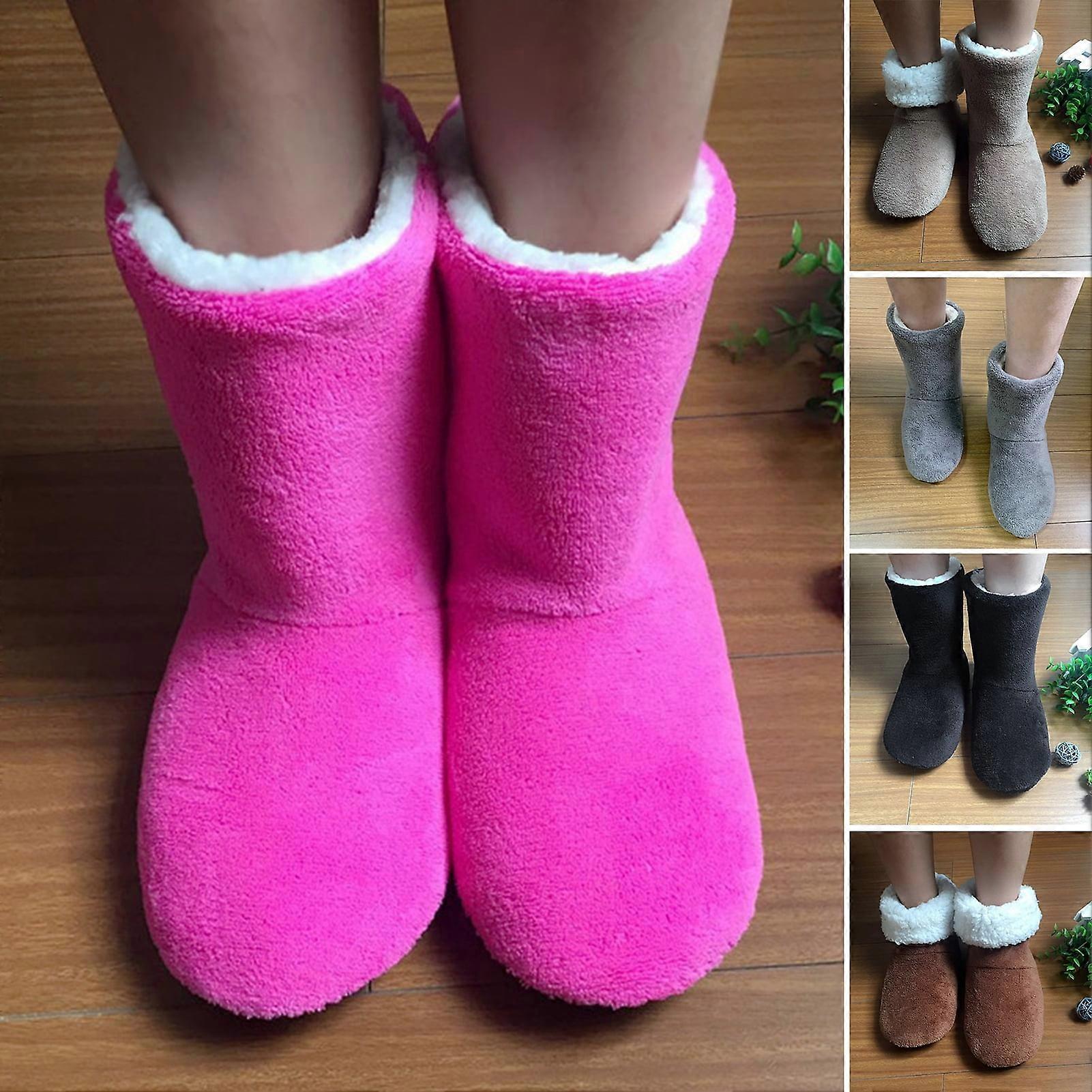 1 Pair Non-slip Floor Boot Socks, Mid-Calf, Plush Lining, Thick Fuzzy Thermal Socks for Women & Men, Camel