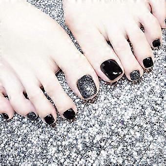 Glossy Black and Silver Press On Toenails Square Full Cover Fake Toenails Sparkle Pedicure Set