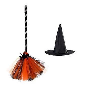 1 Aseta naamiaiset Hattu Luuta Prop Halloween Party Cosplay Witch Broom -asutarvikkeet