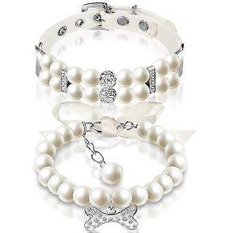 2 Pieces Dog Cat Pearl Collars and Pet Pearl Necklace Set Cute Fashion Pet PU Leather Collars Necklace with Crystal Rhinestone for Dogs Cats Puppy Kit