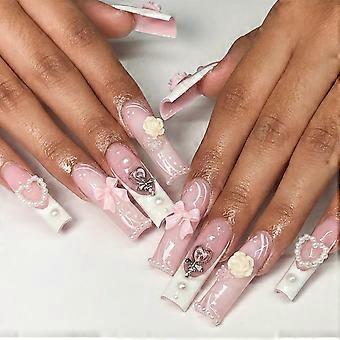 Long Square Press on Nails French Tip Pink Fake Nails with Rhinestone Bow Heart Designs for Women