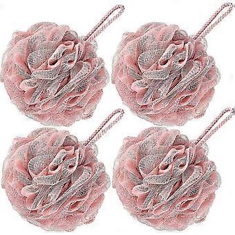 Large 60g Bath Loofah Shower Sponge - Mesh Pouf Body Scrubber for Men & Women, Set of 4 (Pink)