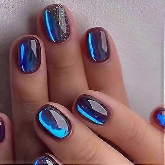 Faux ongles courts à paillettes dégradées bleu Aurore, style français brillant, en acrylique brillant, pour femmes
