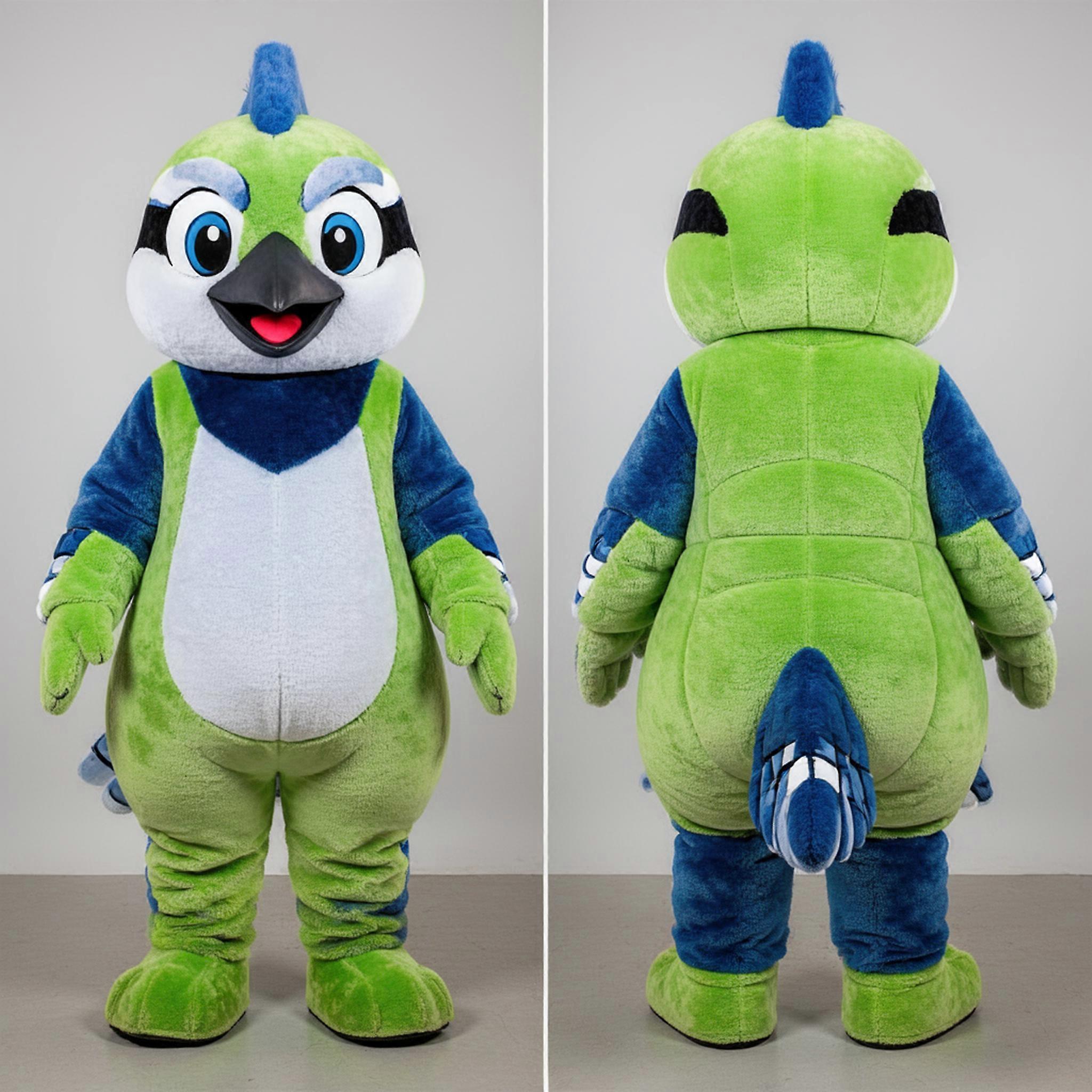 MASTICOT Lime Green Feathered Blue Jay Mascot
