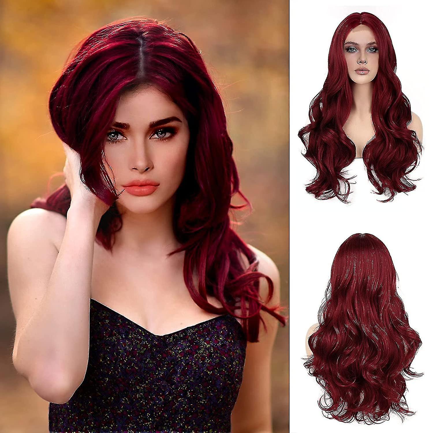 Imitation Lace Scalp Wig Wine Red Long Wave Natural Hairline Wig No Glue