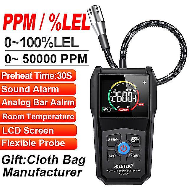 Combustible Gas Detector Analyzer Monitor Sound Alarm Analog Bar Aalrm Temp Lcd Screen With Flexible Probe 50000 Ppm 100% Lel
