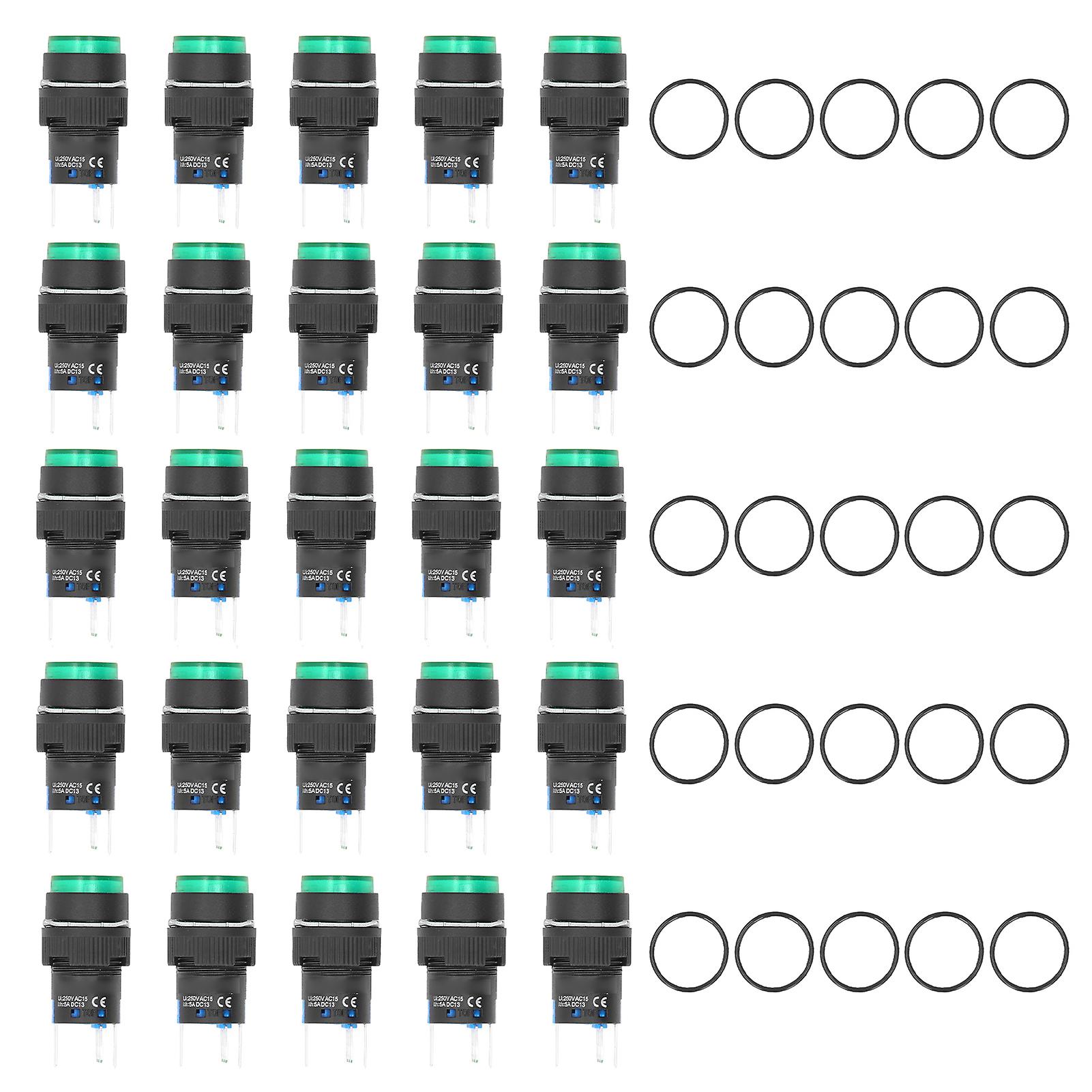 Ouitble Power Switch Button 25PCS 16mm 5 Pins Push Button Switch Round Self Locking Power Switches with Light 220VGreen