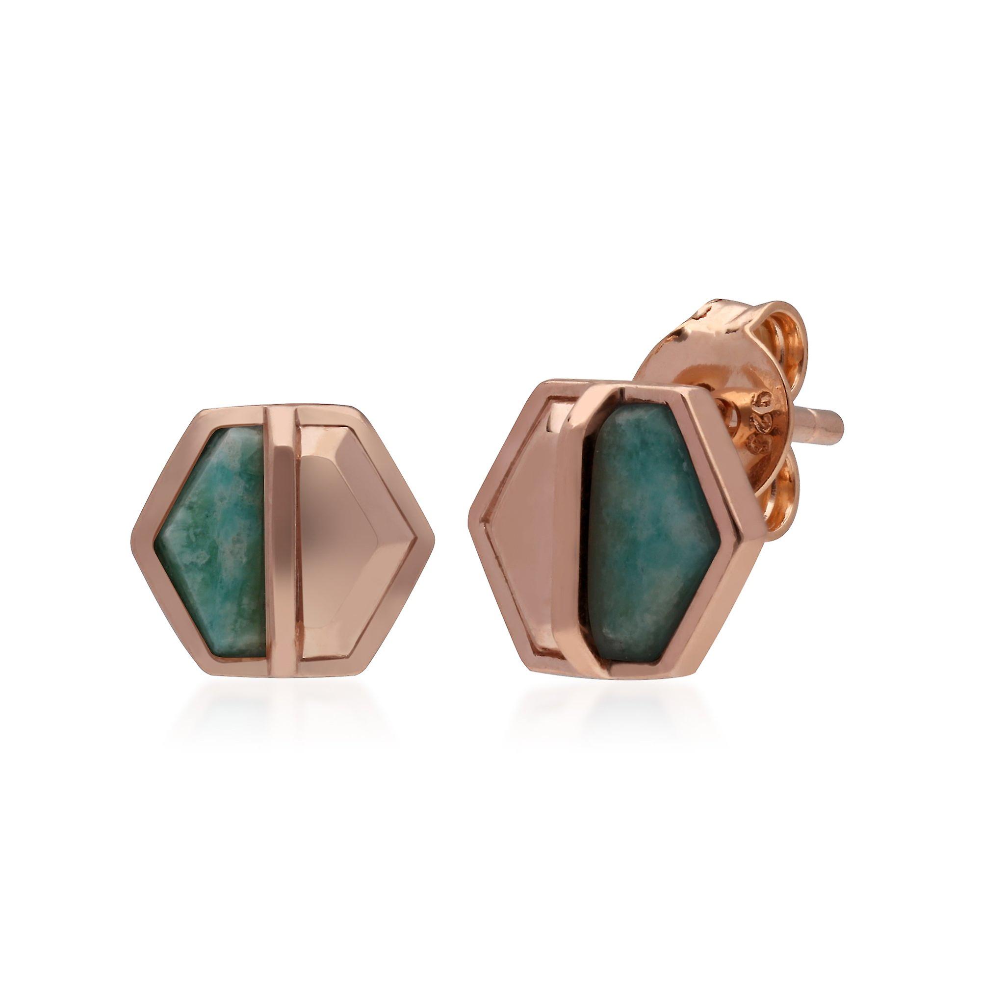 Micro Statement Amazonite Hexagon Stud Earrings in Rose Gold Plated 925 Sterling Silver 270E029702925