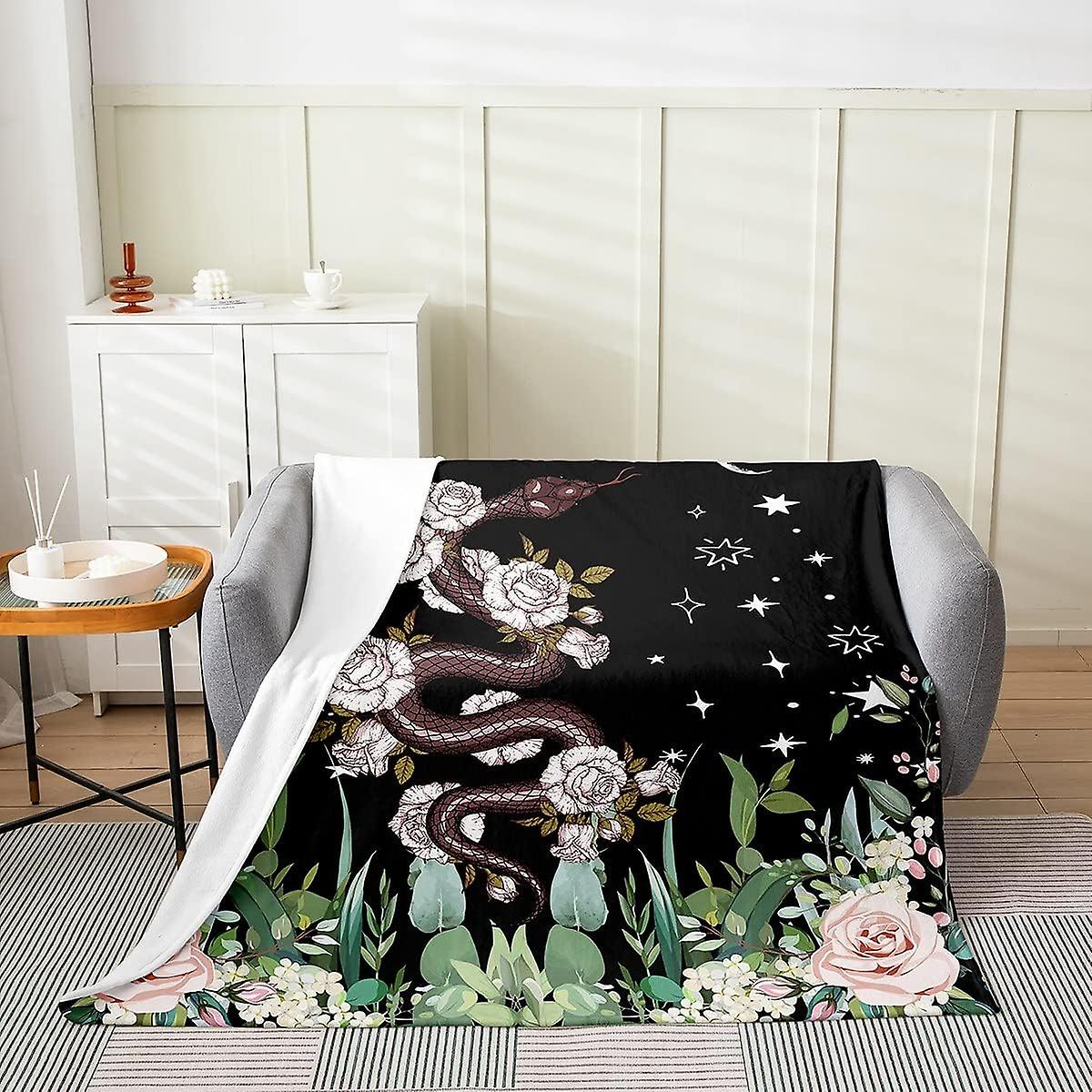 Sun and Moon Flannel Fleece Throw Blanket Kids,Boho Floral Snake Fuzzy Blanket For Bed Sofa,All Season Rose Floral Bed Blanket Breathable Plush Blanke