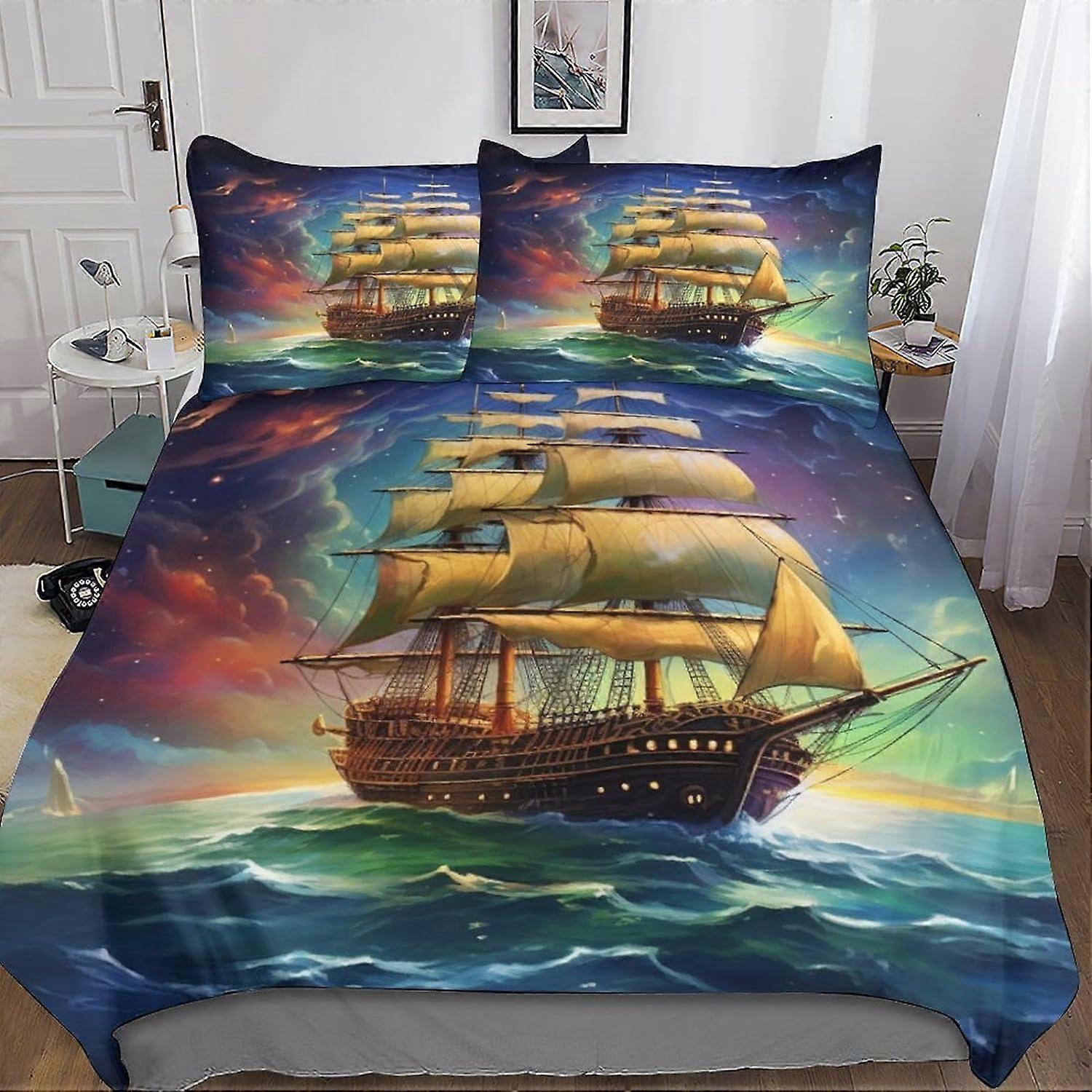 3D Segelfartyg Sängkläder Set Microfiber Påslakan 3 st Starry Påslakan Set med dragkedja Stängning Vuxna Dubbla Örngott