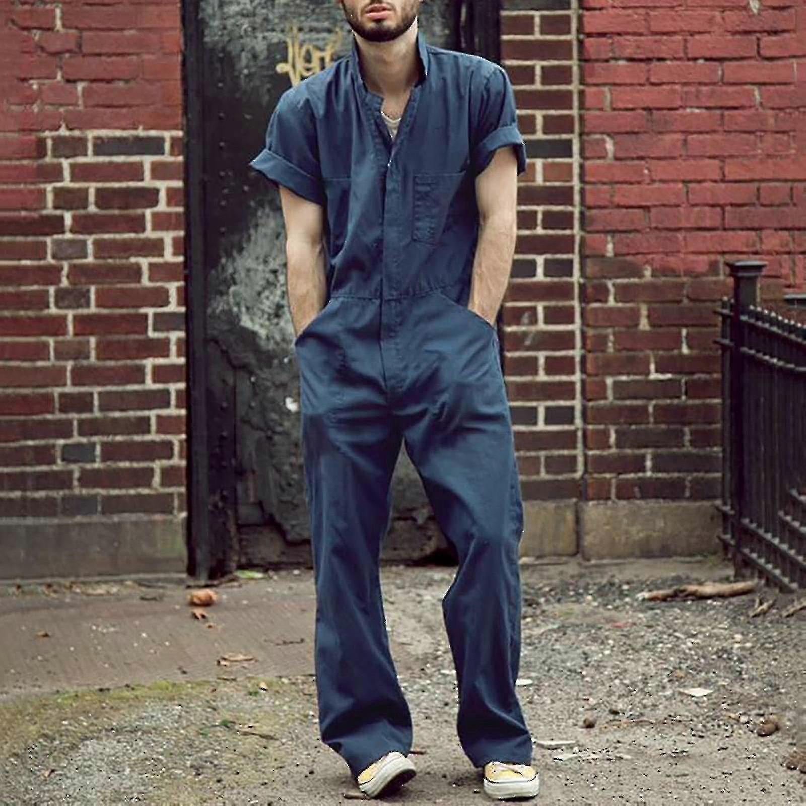 Men's Zipper Overalls With Lapel Solid Color Jumpsuit-Good