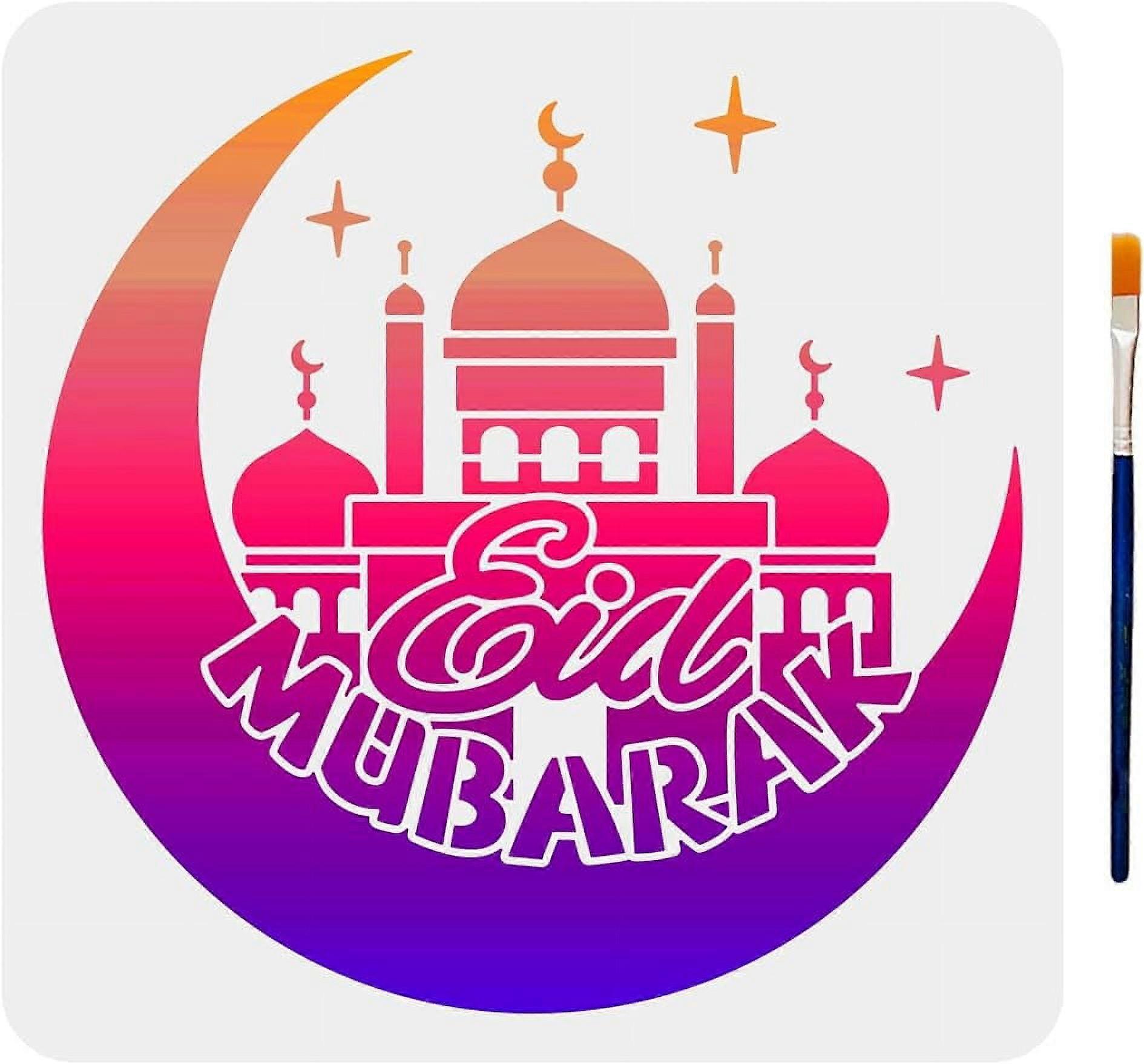 1Pc Eid Mubarak Stencil Ramadan Castle Stencil Reusable Drawing Stencils Moon Star Pattern with Paint Brush