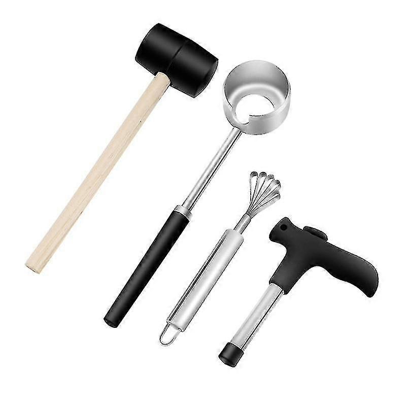 Coconut Corkscrew Tool Set For Opening Baby Coconuts With Rubber Mallet, Durable (4 Pieces)
