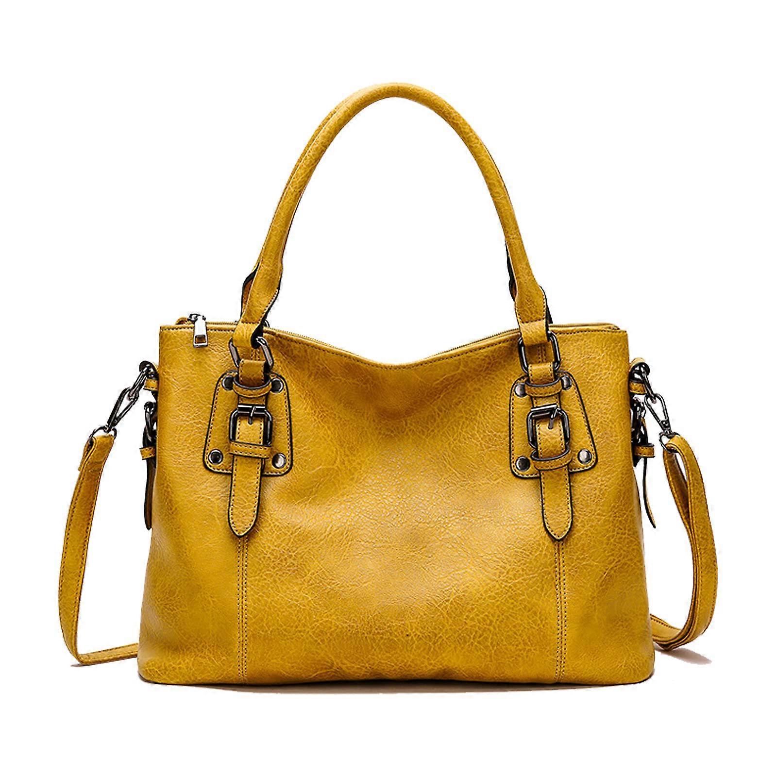 LINJOU Womens Handbags Soft Leather Retro Vintage Casual Pocket Ladies Tote Shoulder Bags Yellow