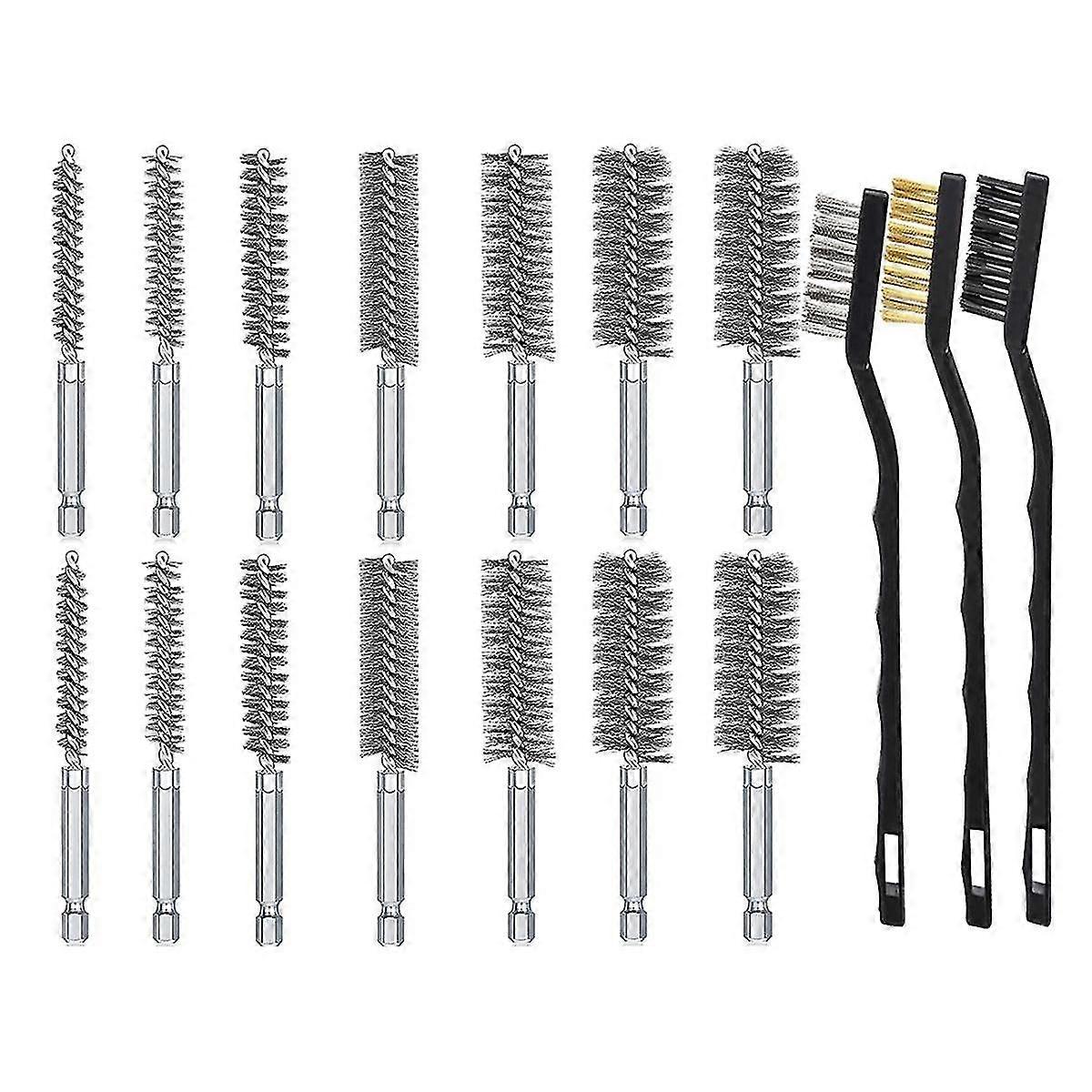 17Pcs Wire Brush Set, Wire Bore Brush for Drill Impact Driver in 14 Sizes with Industrial Wire Brushes