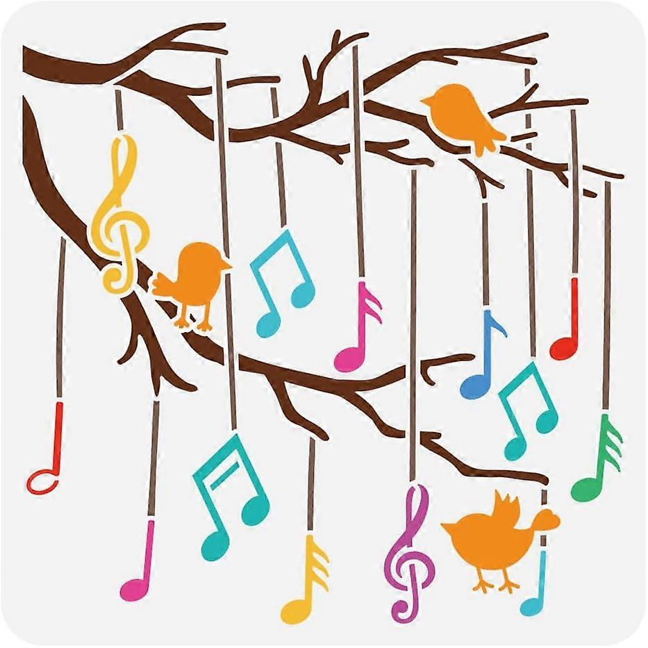 Music Painting Stencil 11.8x11.8inch Reusable Birds on Branches Pattern Drawing Template DIY Art Music Notes Stencil Music Theme Stencil for Painting