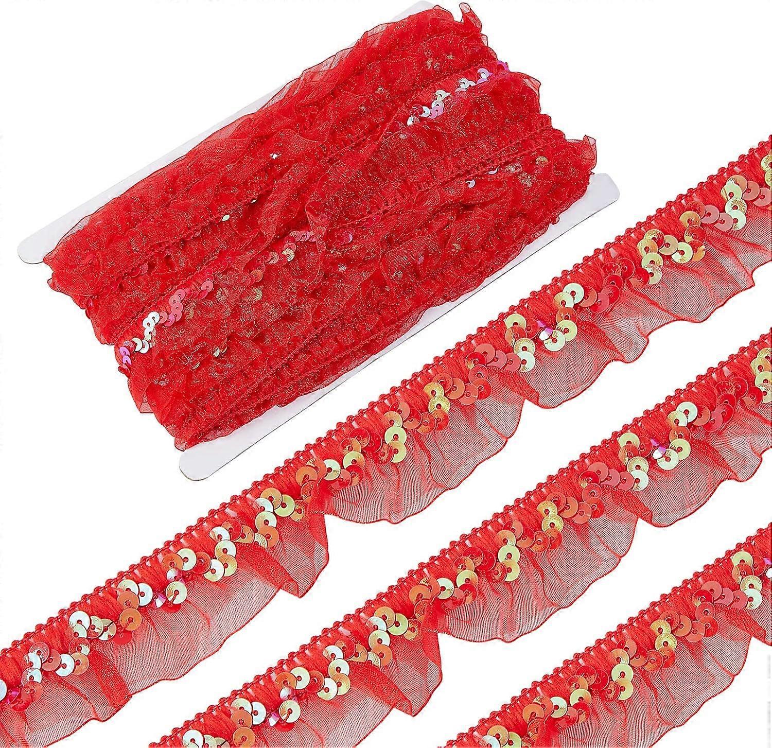 13Yds Pleated Organza Lace Ribbon Red Satin Mesh Tulle Fabric Gathered Mesh Sequin Stretch Ruffled Ribbon 1-1/8" Elastic Edge Trim Fibre Edging Trimmi