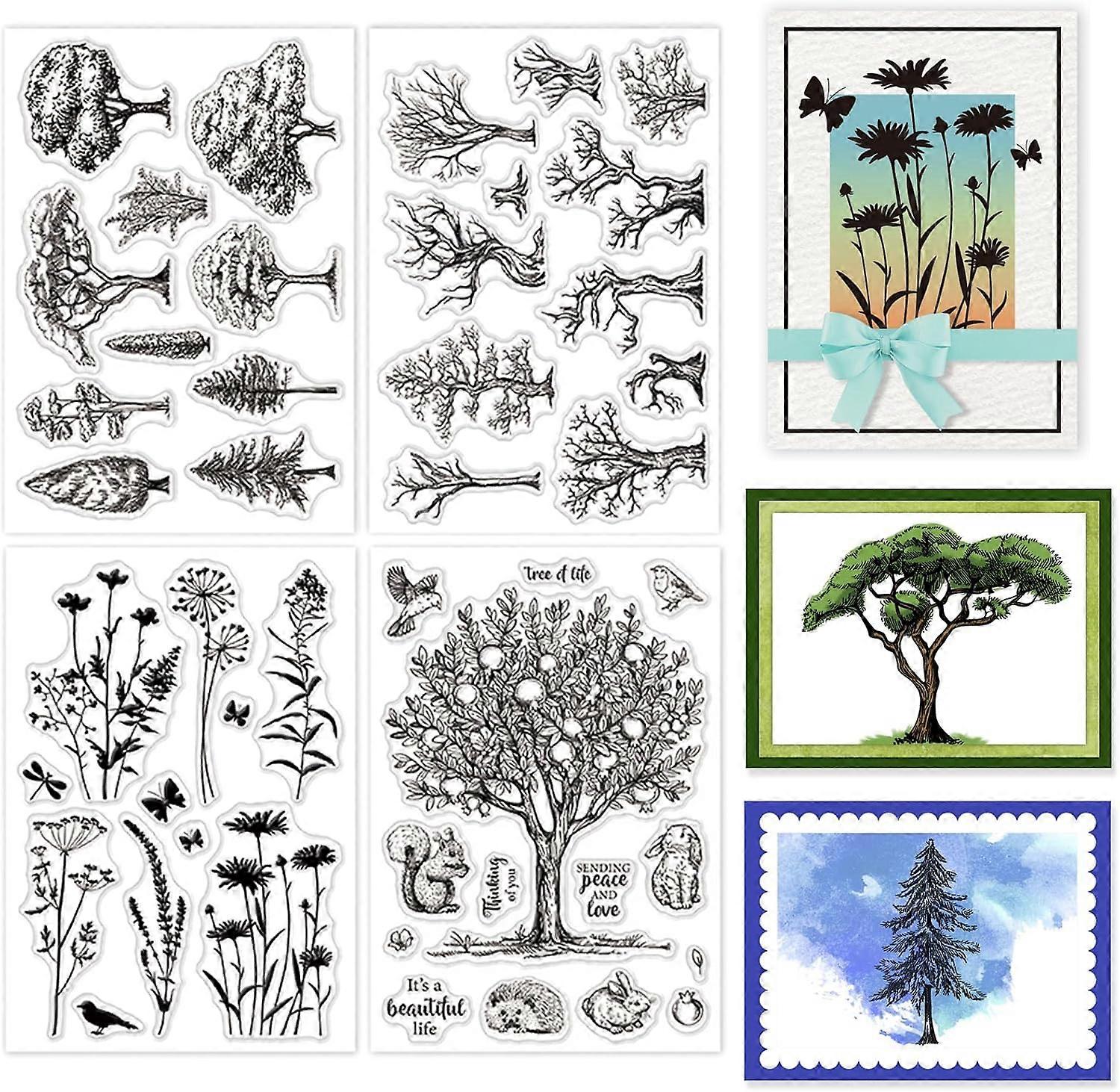 4 Sheets Plants Tree Clear Stamps for Card Making Flower Silhouette Silicone Clear Stamp Seals Transparent Stamps for DIY Scrapbooking Journals Decora