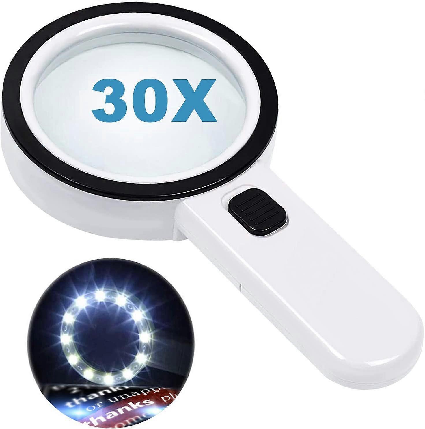Magnifying Glass with 12 LED Lights, 30X Double Glass Lens Handheld Illuminated Magnifier Reading Magnifying Glass