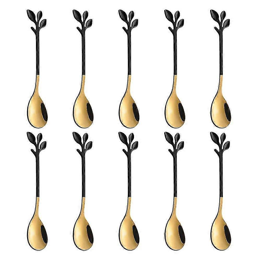 10 Stück Kaffeelöffel Blattkuchen, umgerührtes Teelöffel Set Schwarzgold