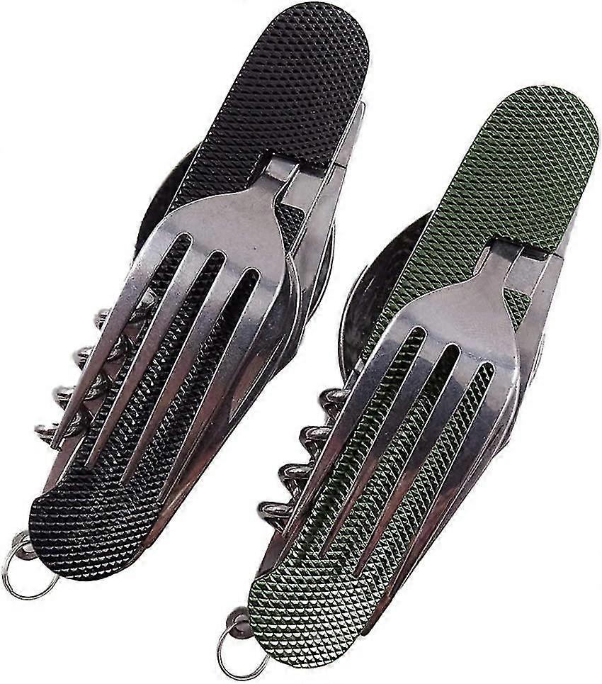 KINZON Ensemble de couverts de camping pliants 2 pices (noir + vert), couverts portables en acier inoxydable 6 en 1 multi-outils survie en plein air v